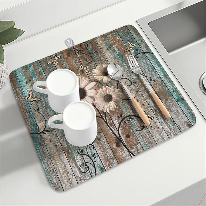 Vintage Daisy Floral Wooden Board Dish Drying Mat 16x18 Inch | Rustic，Polyester，Absorbent Microfiber，for Kitchen Coffee Dining Bar Decor