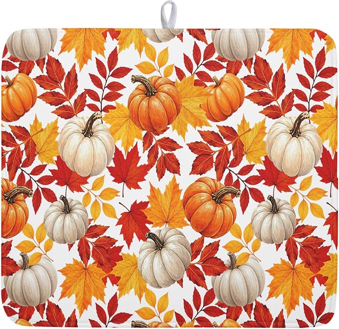 Fall Pumpkin Dish Drying Mat for Kitchen Counter 16x18 Inch Autumn Pumpkins Maple Leaves Drying Mats Thanksgiving Absorbent Reversible Dish Pad Fast Dry Drainer Mat Protector for Countertop Coffee Bar