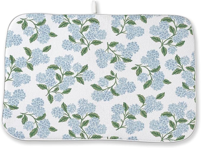Blue Sage Green Floral Dish Drying Mat 18 x 24 Inch Spring Hydrangea Floral Drying Mat for Kitchen Counter Absorbent Summer Flowers Dishes Dry Pad for Drainer Rack Kitchen Fast Dry