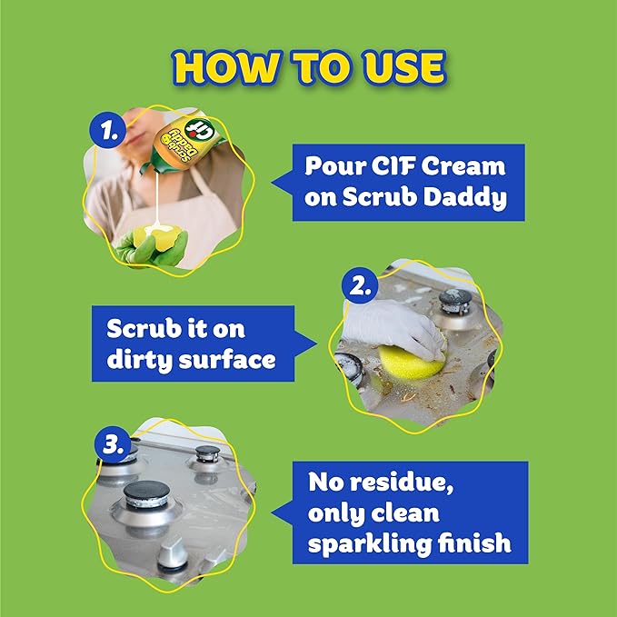 Scrub Daddy + 2x Cif All Purpose Cleaning Cream, Lemon - Multi Surface Household Cleaning Cream + Scrub Daddy Scratch-Free Multipurpose Dish Sponge