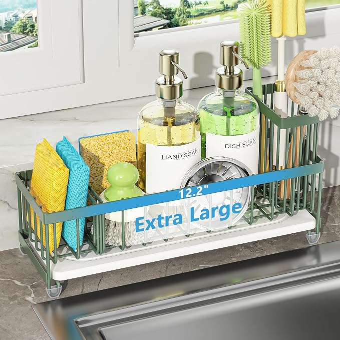 Cisily Extra Large Sink Caddy Organizer with Drying Stone, Sage Green Sponge Holder for Kitchen, Dish Brush Holder for Countertop, Kitchen Decor Storage and Essentials
