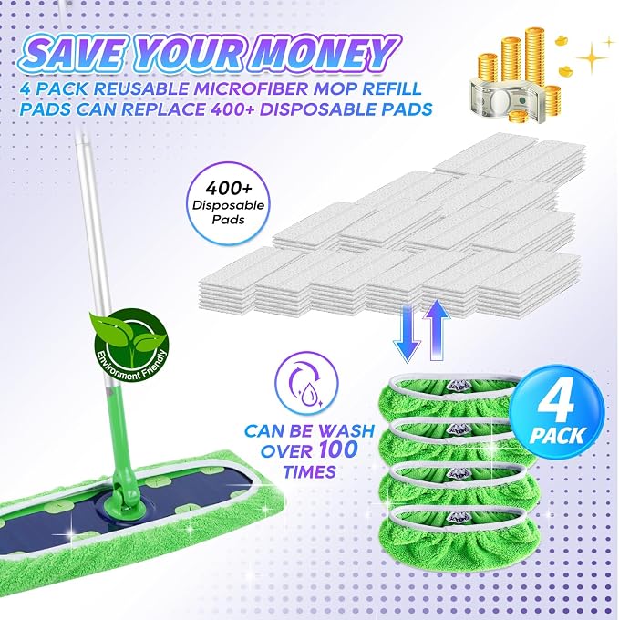 KEEPOW Reusable Mop Refill Pads Replacement Compatible with Swiffer XL, XL Wet Refills for Hardwood Floor Cleaning,4 Pack