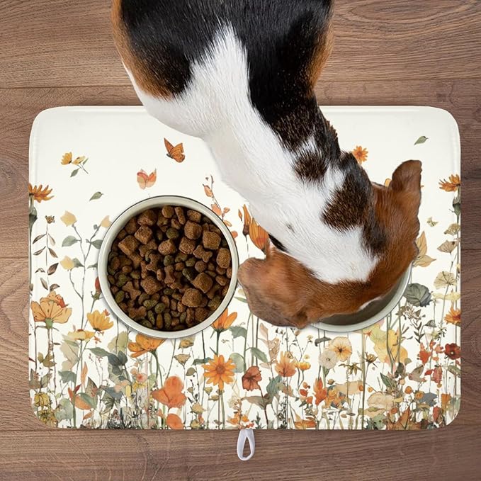 Fall Floral Dish Drying Mat for Kitchen Counter Orange Rustic Vintage Wildflower Pattern Microfiber Dish Drainer Mat Autumn Absorbent Washable Drying Pad Extra Large 18"x24"