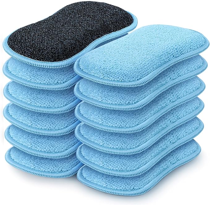 HOMEXCEL 12 Pack Multi-Purpose Scrub Sponges Kitchen, Dish Sponge, Non-Scratch Microfiber Sponge for Efficiently Cleaning Dishes, Pots, and Pans, Blue