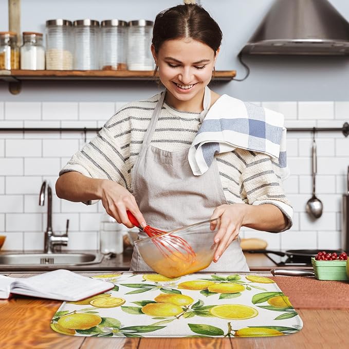 Sanwarm Absorbent Dish Drying Mat, Floral Lemon Fruits Vintage Microfiber Pad for Kitchen Counter, Coffee Bar Decor, Heat Resistant and Reversible, 18" x 24"