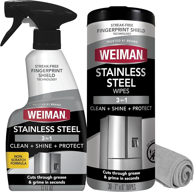 Weiman Stainless Steel Cleaner & Polish Kit, 3 Piece - Spray, Wipes & Cloth, Anti-Fingerprint, Removes Grease, Water Spots, Streaks & Residue, Polishing Cleaner Safe for Appliances, Sinks & Grills