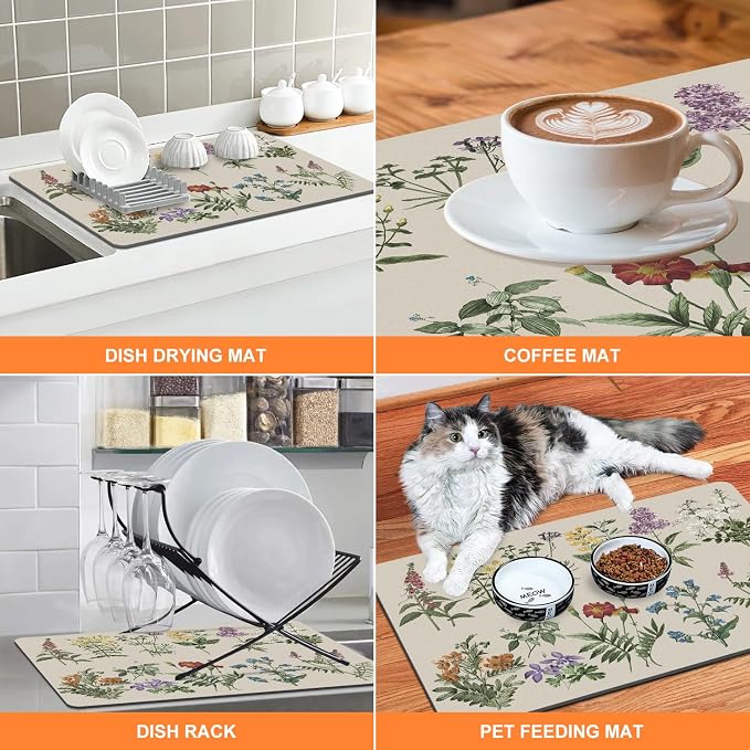 LOKHOM Dish Drying Mat for Kitchen Counter, 17"x28" Absorbent Coffee Bar Mat with Vintage Sage Flower Herbs, Dish Drainer Rack Mat for Kitchen Counter