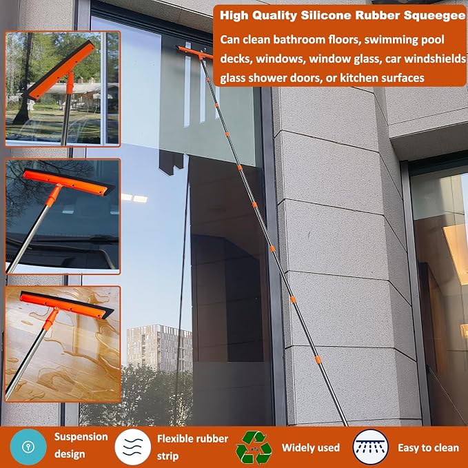 20+ Feet High Reach Duster Kit with 3-14 ft Extension Pole // High Ceiling Dusting and Window Cleaning Kit with Spliceable Pole - Window Washer & Squeegee, Cobweb Duster, Fan Blade and Feather Dusters