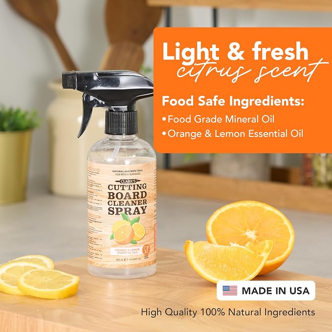 CLARK'S Natural Cutting Board Spray Cleaner with Microfiber Cloth,12oz (Pack of 2) - for Wood Countertop - Filtered Water, Distilled Vinegar, Castile Soap, Lemon & Orange Citrus Oil Extracts