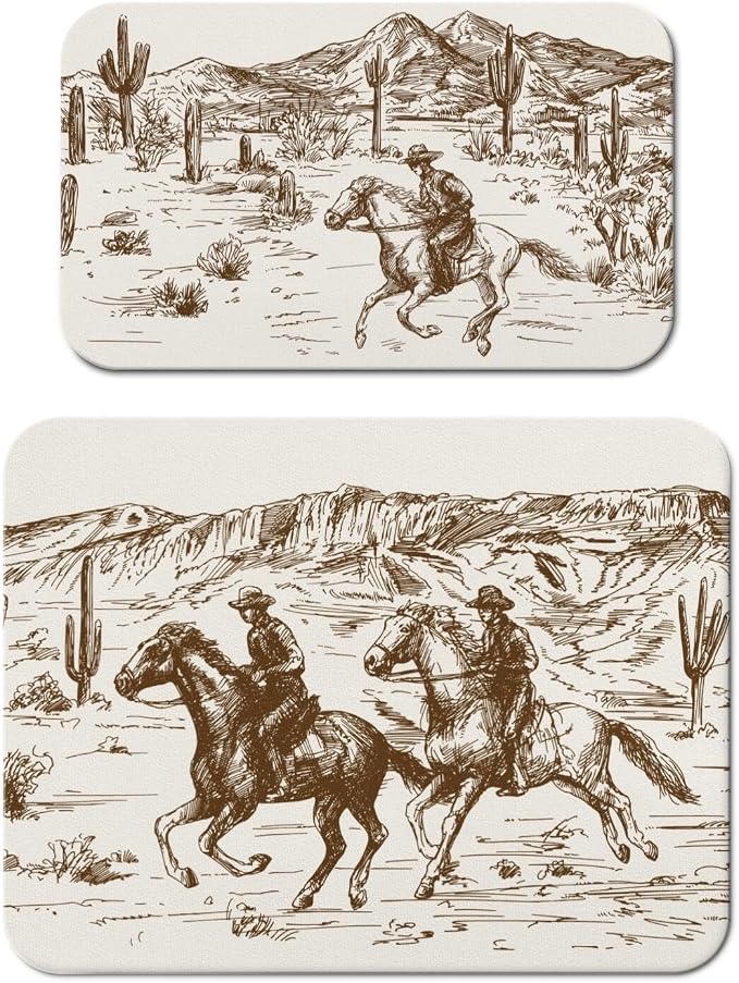 Dish Drying Mat 2-Pack in Western Cowboy for Kitchen Counter Dishes Mat | Diatom Mud Mats (18x24, 19.5x12"). Non-slip rubber back for kitchen counter, coffee bar & sink scenes