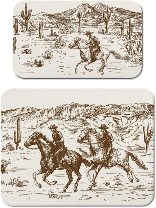 Dish Drying Mat 2-Pack in Western Cowboy for Kitchen Counter Dishes Mat | Diatom Mud Mats (18x24, 19.5x12"). Non-slip rubber back for kitchen counter, coffee bar & sink scenes