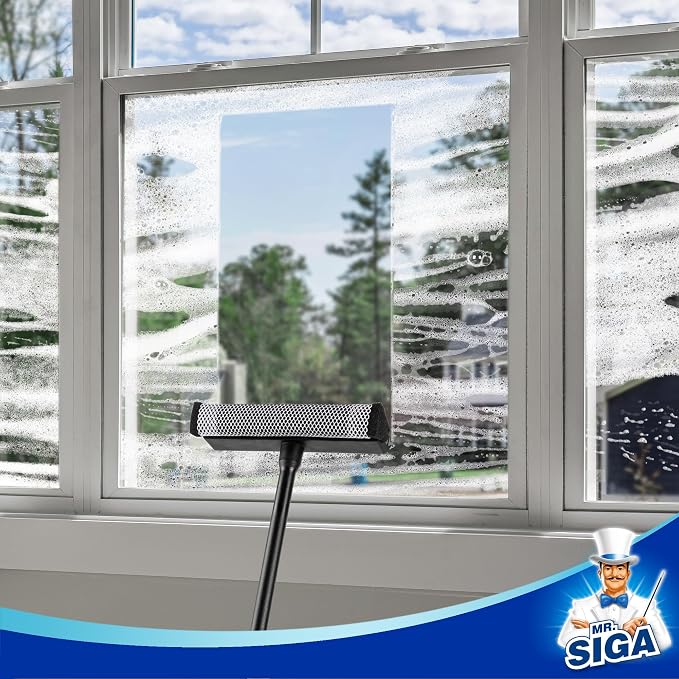MR.SIGA Professional 2-in-1 Car Window Squeegee and Sponge Scrubber | Rubber blade squeegee with 16.4 inch/41.5 cm handle, sponge car squeegee for glass, windshield, shower
