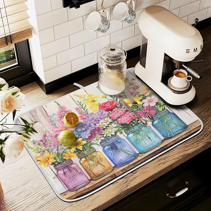 Spring Floral Jars Rustic Dish Drying Mat for Kitchen Counter Absorbent Microfiber Small Drying Pad Flowers Dish Mats for Kitchen Countertops 16 x 18 Inch