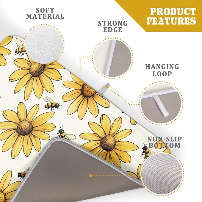 Floral Sunflower Bee Dish Drying Mat of Kitchen Counter 18×24 Inch | Yellow，Polyester，Absorbent Microfiber，for Kitchen Coffee Dining Bar Decor