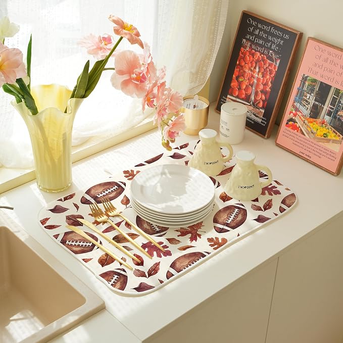 Fall Dish Drying Mats 18x24 Inches for Kitchen Counter Orange Football Maple leaves Fall Kitchen Decorations Drying Mats Autumn Thanksgiving Mat Drying Pad for Kitchen Dining Room Decor