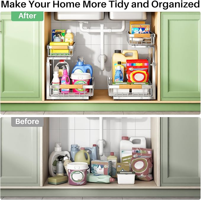 Kitstorack Under Sink Organizer, 2 Tier Under the Sink Storage, Slide out Pull out Cabinet Organizer Shelf, Metal Sliding Drawer for Kitchen Bathroom Pantry Closet Organization Rack, Silver, 1 Pack