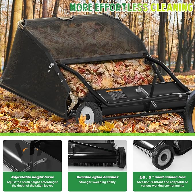 48" Lawn Sweeper Tow Behind, Pull Behind Lawn Sweeper with 25.16 cu. ft Large Hopper, Heavy Duty Leaf & Grass Collector, Adjustable Brush Height Lever and Dumping Rope, Lawn and Yard Cleanup Tool