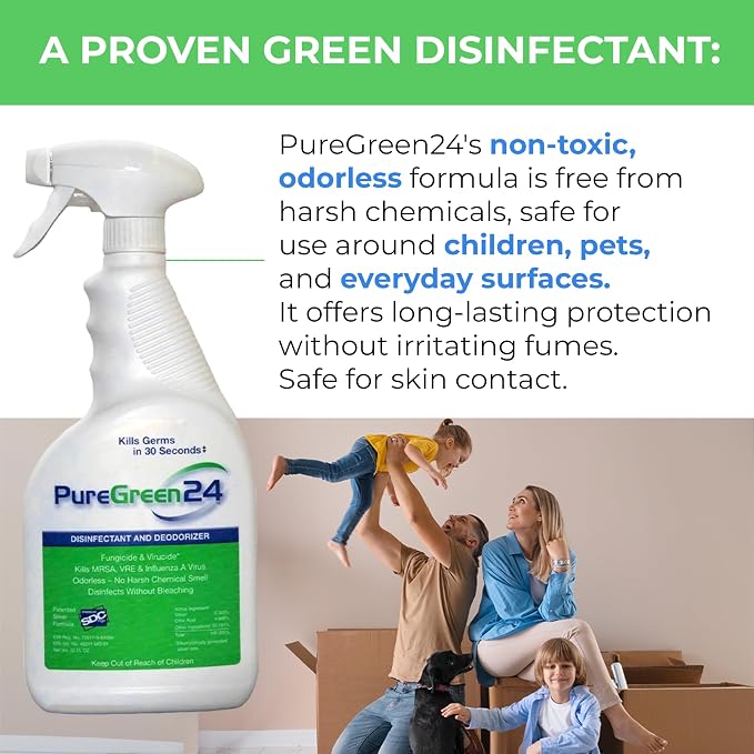 PureGreen24 Safe & Effective Disinfectant. Kills Deadly Germs including RSV Norovirus MRSA Staph infulenza A Bird flu Contains no toxic chemicals odorless child & pet safe 4 32oz spray bottles
