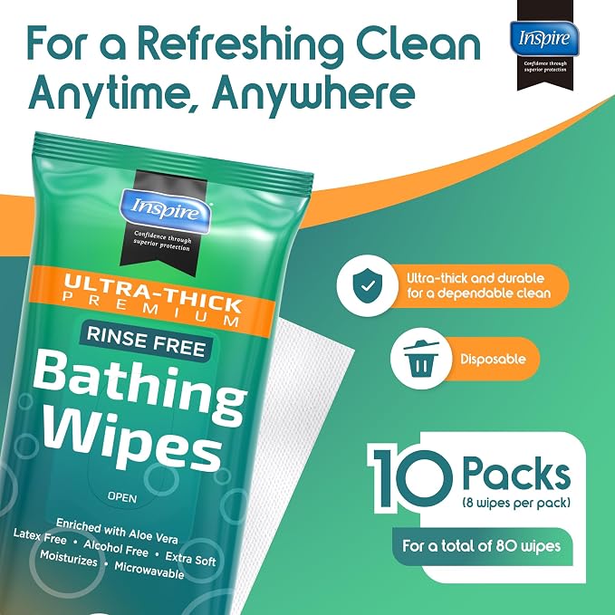 Inspire Ultra Thick Rinse-Free Bath Towels | Shower Towels - Flush-Free Wet Wipes with Aloe | Thick Strong Extra Large Towel for Adults | Body Wipes for Adults Bathing