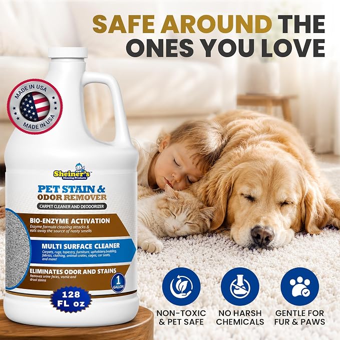 Sheiner's Pet Urine Enzyme Cleaner & Pet Stain & Odor Remover, Advanced Enzymatic Cleaner Solution for Carpets, Rugs, Upholstery & Multi-Surfaces, Safe for Pets & Kids. (128 oz)