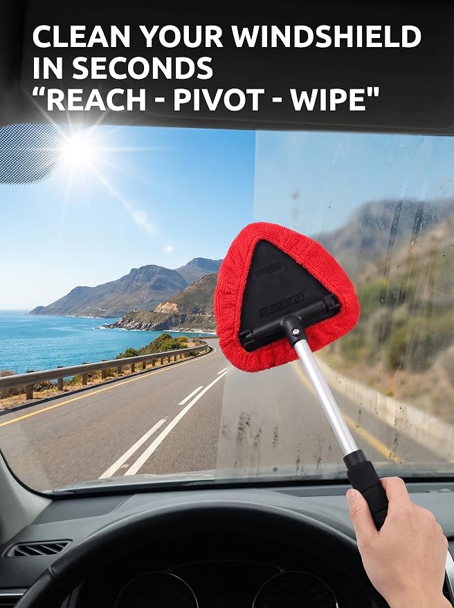 TAKAVU Window & Windshield Cleaner, Extendable, 3 Microfiber Pads (Red) | Pivoting Triangle Head Wiper Cleans Interior & Exterior Glass, 3 Washable Reusable Bonnets, Lint-Free