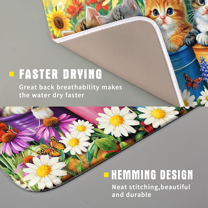 Funny Absorbent Dish Drying Mat Spring Cat Dish Drying Mats for Kitchen Counter Small