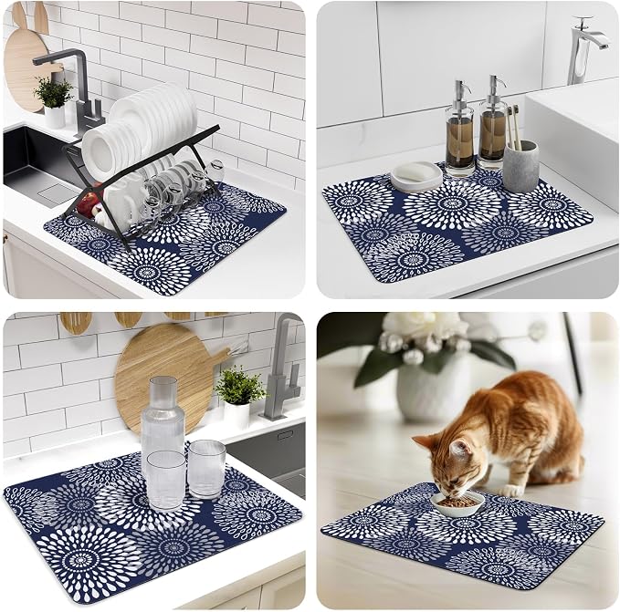 LuxStep Dish Drying Mat Super Absorbent Kitchen Counter Mat Rubber Backing Draining Mat Easy to Clean Kitchen Accessories Dish Rack Pad for Dishes, Utensils, Countertops, Sinks 15" x 18" Blue
