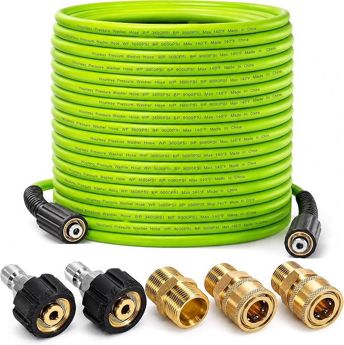 Hourleey Pressure Washer Hose 100 FT, 3600 PSI Flexible Kink Resistant Power Washer Hose Replacement, 1/4" Quick Connect Pressure Hose Extension, Green