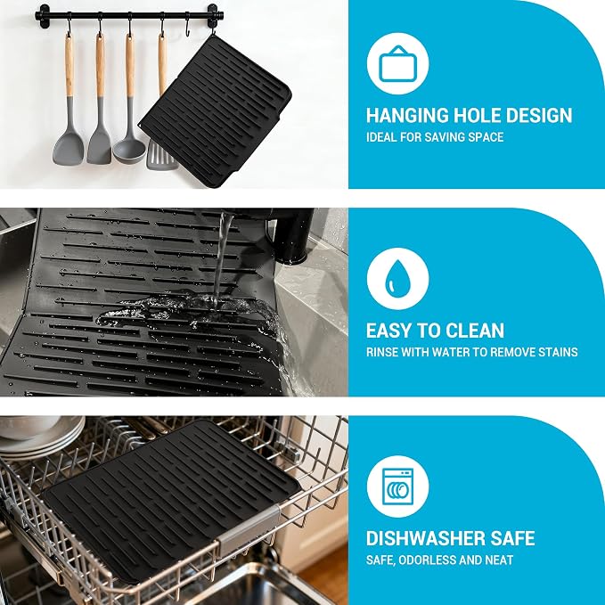 Foldable Silicone Dish Drying Mat for Kitchen Counter & Sink - Quick Dry, Space Saving, Non-Slip Pad for Small Apartments & Coffee Bar Black