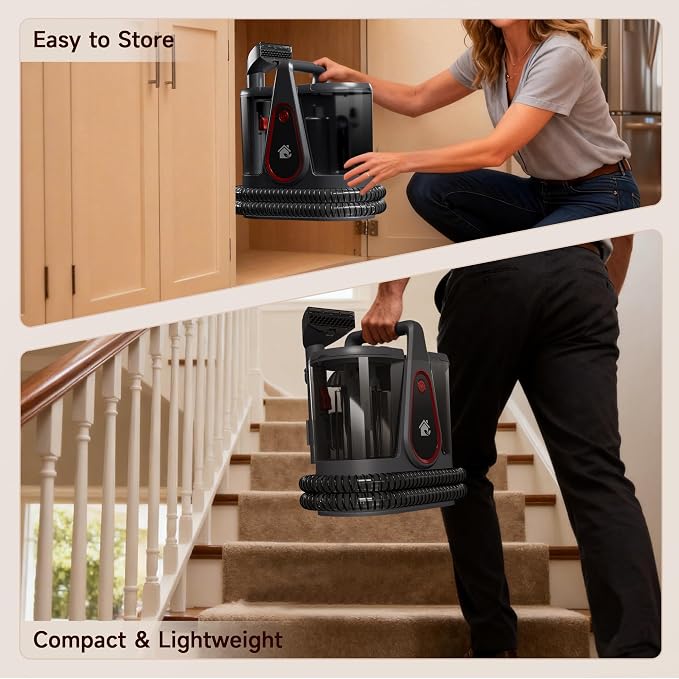 WURESE 17KPa Portable Carpet Cleaner Machine, Spot Shampooer for Couch Sofa | Dual Separate Tanks| Self-Cleaning| Extended Hose| Deep Suction for Couches, Stubborn Pet Stains & Muddy Paw Prints,Silver