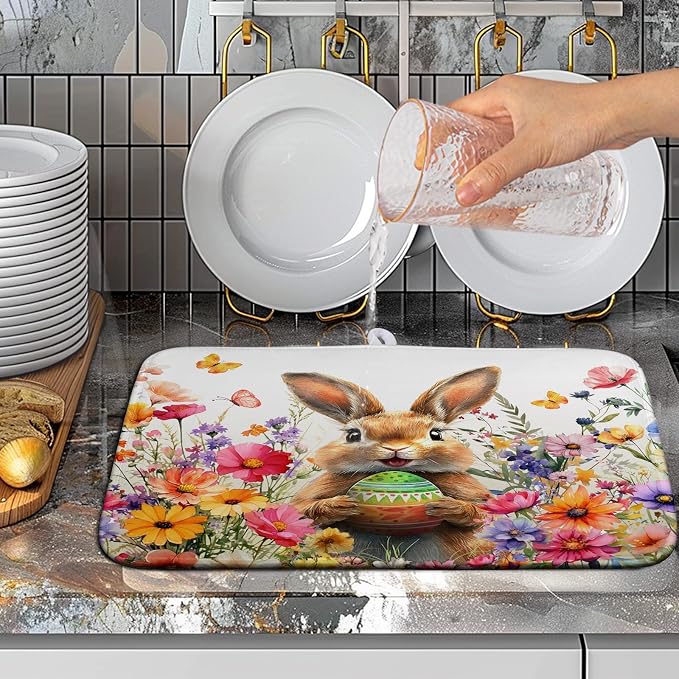 Spring Easter Dish Drying Mat for Kitchen Counter Easter Bunny Rabbit Eggs Flowers Dishes Drainer Mats 16x18 Microfiber Absorbent Medium Dish Drying Pad for Kitchen Countertop Tableware Decor