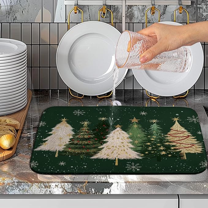 Green Christmas Tree Snowflakes Dish Drying Mat for Kitchen Counter 16x18 Inch Winter Xmas Holiday Dish Rack Mat Absorbent Microfiber Dish Draining Mat Reversible Drainer Pad