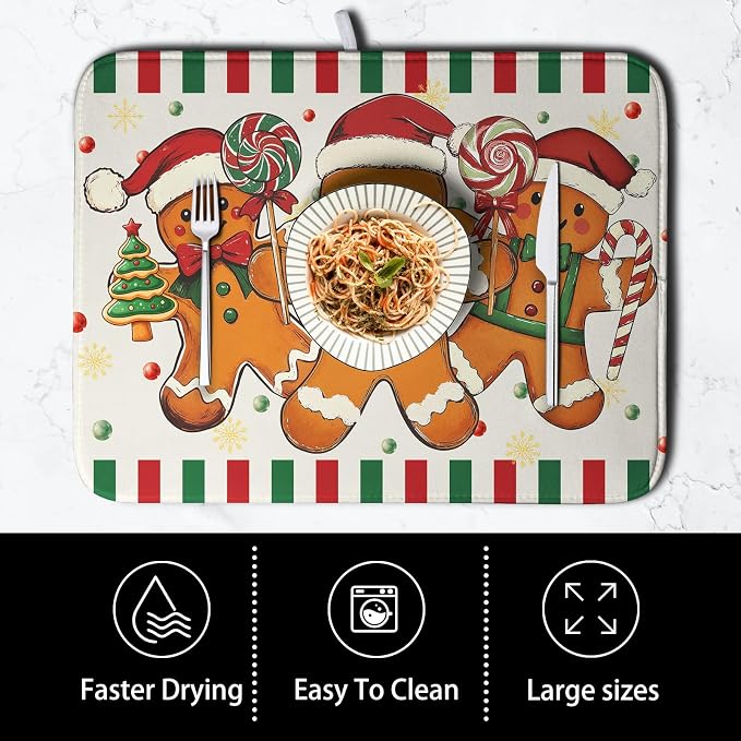 Christmas Dish Drying Mat Gingerbread Man Candy Cane Xmas Tree Drying Mats for Kitchen Counter Winter Holiday Dish Drainer Pad Absorbent Microfiber Dish Draining Mat 18x24 Inch
