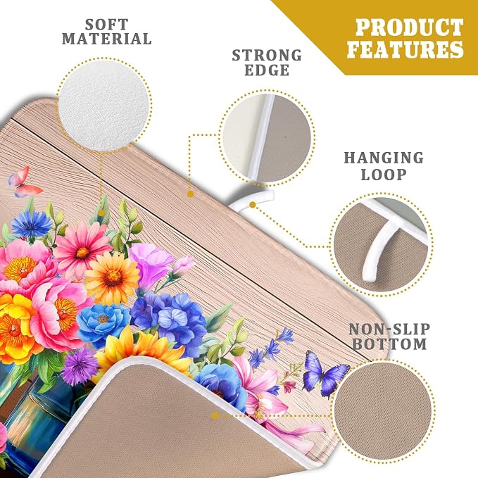 Colorful Flowers Dish Drying Mat for Kitchen Counter 16x18in Spring Summer Flower Vases Dish Mat Drying Absorbent Microfiber Dish Drainer Rack Mats Botanical Floral Dishes Pad for Countertops