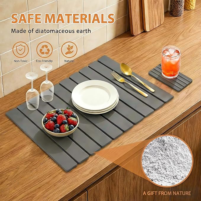 Large Stone Dish Drying Mat for Kitchen Counter, 2 PCS Quick Dry Diatomaceous Earth Dish Mat Set – Foldable Water Absorbing Kitchen Gadgets & Gifts, Home Essentials(Gray Ink 24"×16" & 8"x4")