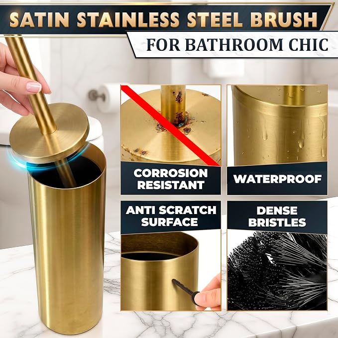 Stainless Steel Toilet Brush and Holder Set, Splash Guard (Gold) | Toilet Bowl Brush and Holder, Removable Inner Bowl, Dense Bristles, Long Handle, Scratch Resistant, for Modern Bathrooms
