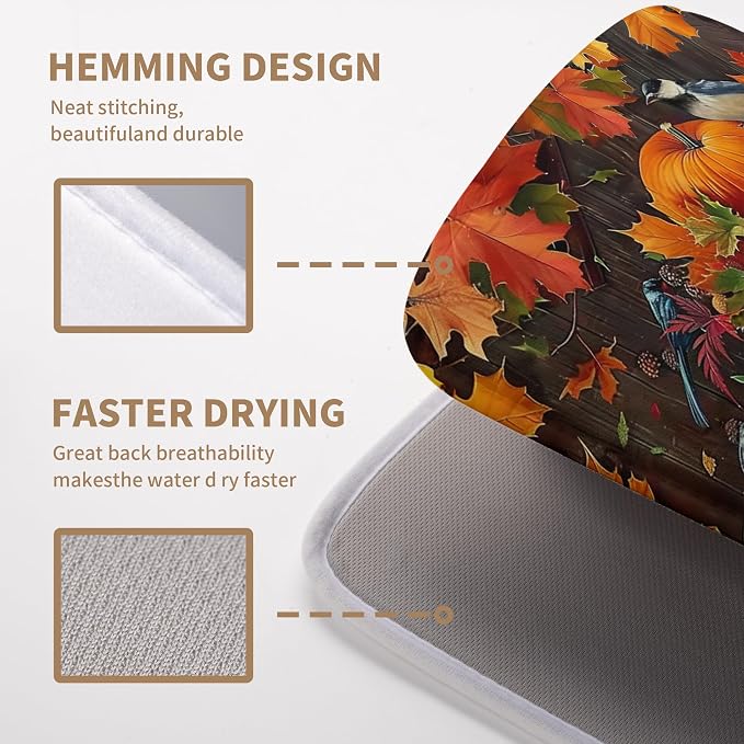 Fall Pumpkin Maple Leaf Bird Dish Drying Mat for Kitchen Counter 18x24 Inch Autumn Harvest Reversible Microfiber Drying Mats Thanksgiving Drying Pad Orange Brown Super Absorbent Dish Drainer Mats