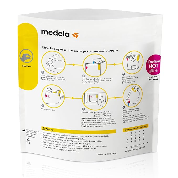 Medela Quick Clean Micro-Steam Bags for Bottles and Breast Pump Parts | Eliminates 99.9% of Common Bacteria and Germs for Easy Disinfecting of Most Breast Pump Accessories | 5 CT