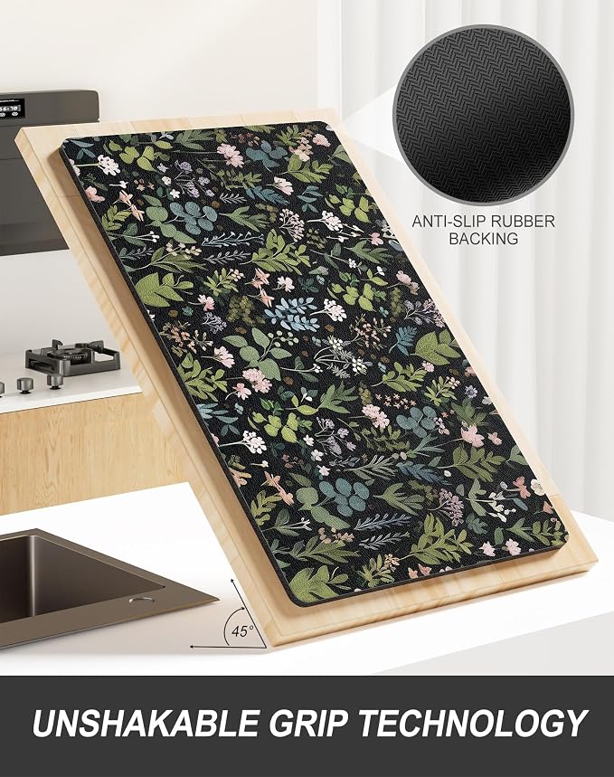 Rnivvi Dish Drying Mat for Kitchen Counter, 12 x 19" Cute Flower Theme Super Absorbent Draining Pad, Non-Slip Heat Resistant Coffee Bar Mat for Coffee Machine Station Accessories, Black Dish Rack Pad
