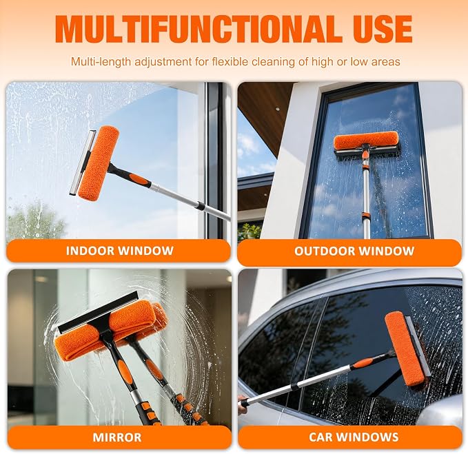 LAANPOLE 20FT Window Squeegee with Extension Pole, 2-in-1 Squeegee for Window Cleaning, Professional Cleaning Kit for Home with 12FT Telescoping Pole for Outdoor Indoor Use