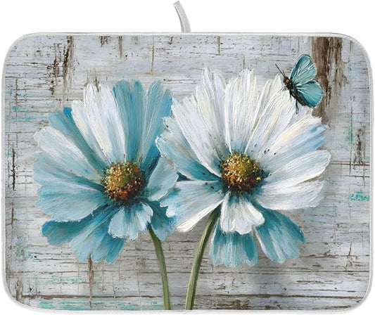Rustic Teal White Daisy on Vintage Wooden Dish Drying Mat for Kitchen Counter Absorbent Microfiber Large Drying Pad Dish Mats for Kitchen Countertops 18 x 24 Inch