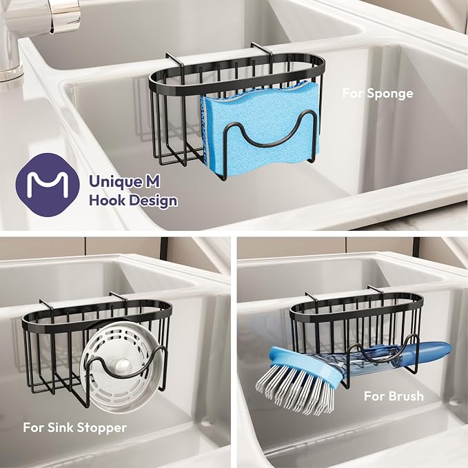 SWTYMIKI Sponge Holder for Kitchen Sink - Movable Kitchen Sink Caddy with M Shape Hook, Stainless Steel Hanging Sponges Caddy Organizer in Double Bowl Sinks Depth>3.15in, Middle Divider<1.5in, Black