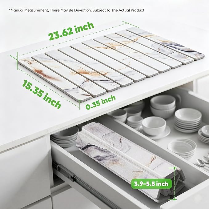 Stone Drying Mat for Kitchen Counter, Quick Diatomaceous Earth Mats for Dishes, 24"L x 16" W Super Absorbent Fast-Drying Collapsible Countertop Stone Mat (Marble White-05, 24" x 16")