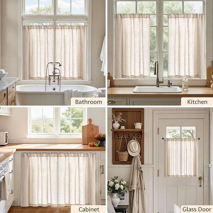 jinchan Linen Kitchen Tier Curtains, 38x36, 2 Panels, Natural | Light filtering, linen blend, rod pocket, farmhouse style, rustic decor, kitchen, bathroom, laundry room, RV, small windows