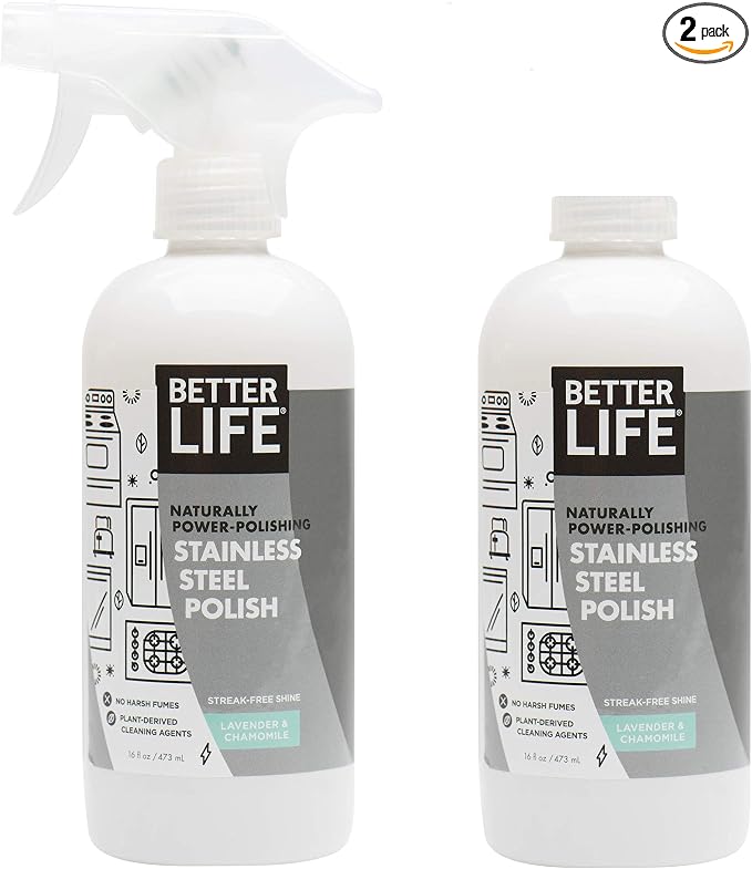 BETTER LIFE Stainless Steel Cleaner - 2 Pack 16 oz Streak-Free Stainless Steel Polish for Kitchen Sinks, Stoves, Metal Appliance, Refrigerator - Removes Grease & Water Stains - Chamomile-Lavender