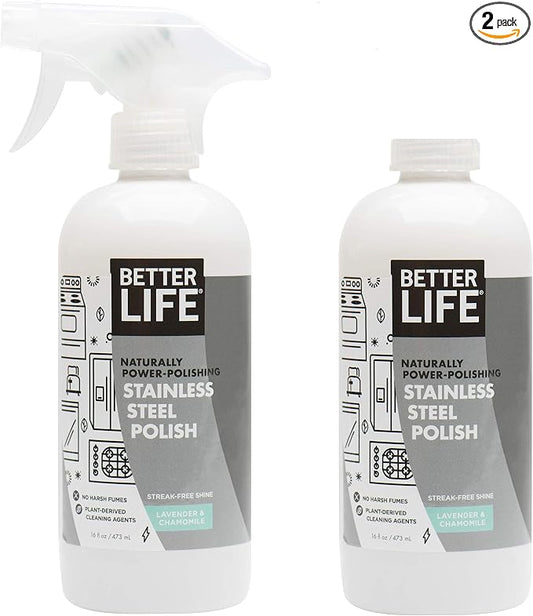 BETTER LIFE Stainless Steel Cleaner - 2 Pack 16 oz Streak-Free Stainless Steel Polish for Kitchen Sinks, Stoves, Metal Appliance, Refrigerator - Removes Grease & Water Stains - Chamomile-Lavender