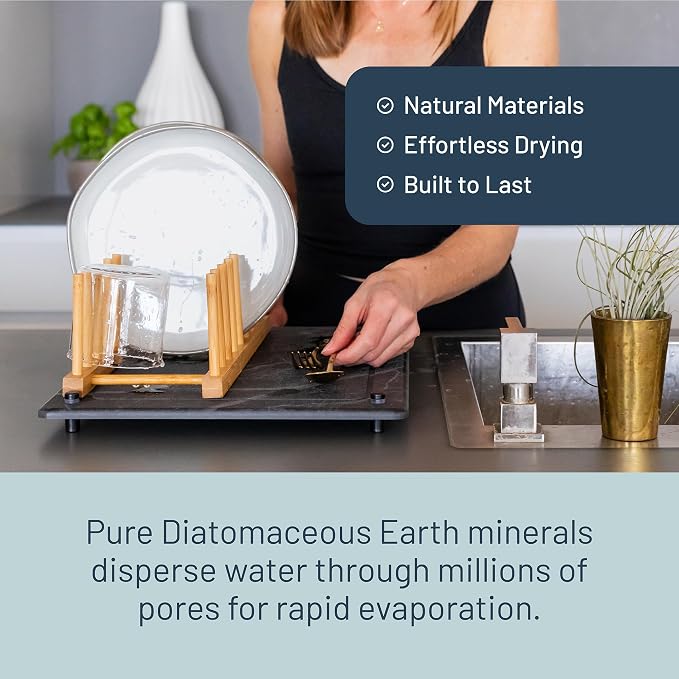 Natural Stone Dish Drying Mat 15.7" x 11.8", Slate Color - Diatomaceous Earth Kitchen Mat | Quick Drying, Non-Toxic, BPA-Free, Eco-Friendly | Female-Founded USA Brand
