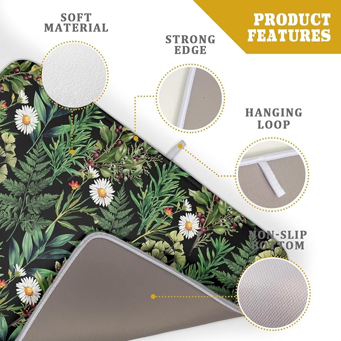 Green Botanical Dish Drying Mat 18x24 Inch Plant Leaf Fast Dry Dish Drainer Rack Mats Absorbent Microfiber Protector for Countertops Sinks