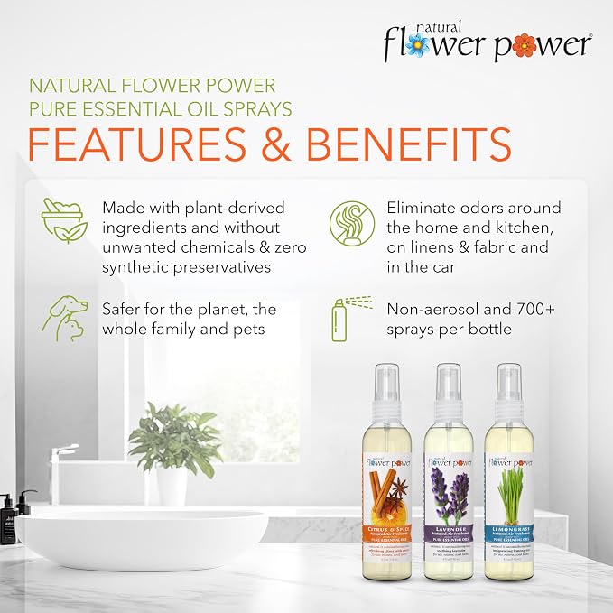 Natural Flower Power Air Freshener Spray - Odor Eliminator with Essential Oils for the Home, Car & Fabric - Cruelty Free & Vegan - Lavender - 2 x 4 oz