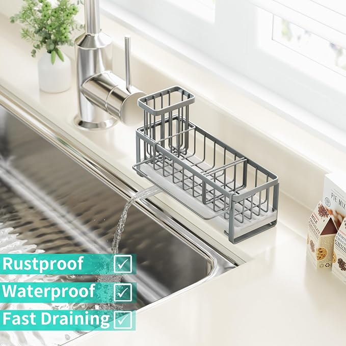 HapiRm Sponge Holder for Kitchen Sink - Self-draining Sink Caddy with Brush and Dishcloth Holders, Stainless Steel Kitchen Organizer for Countertop - Grey